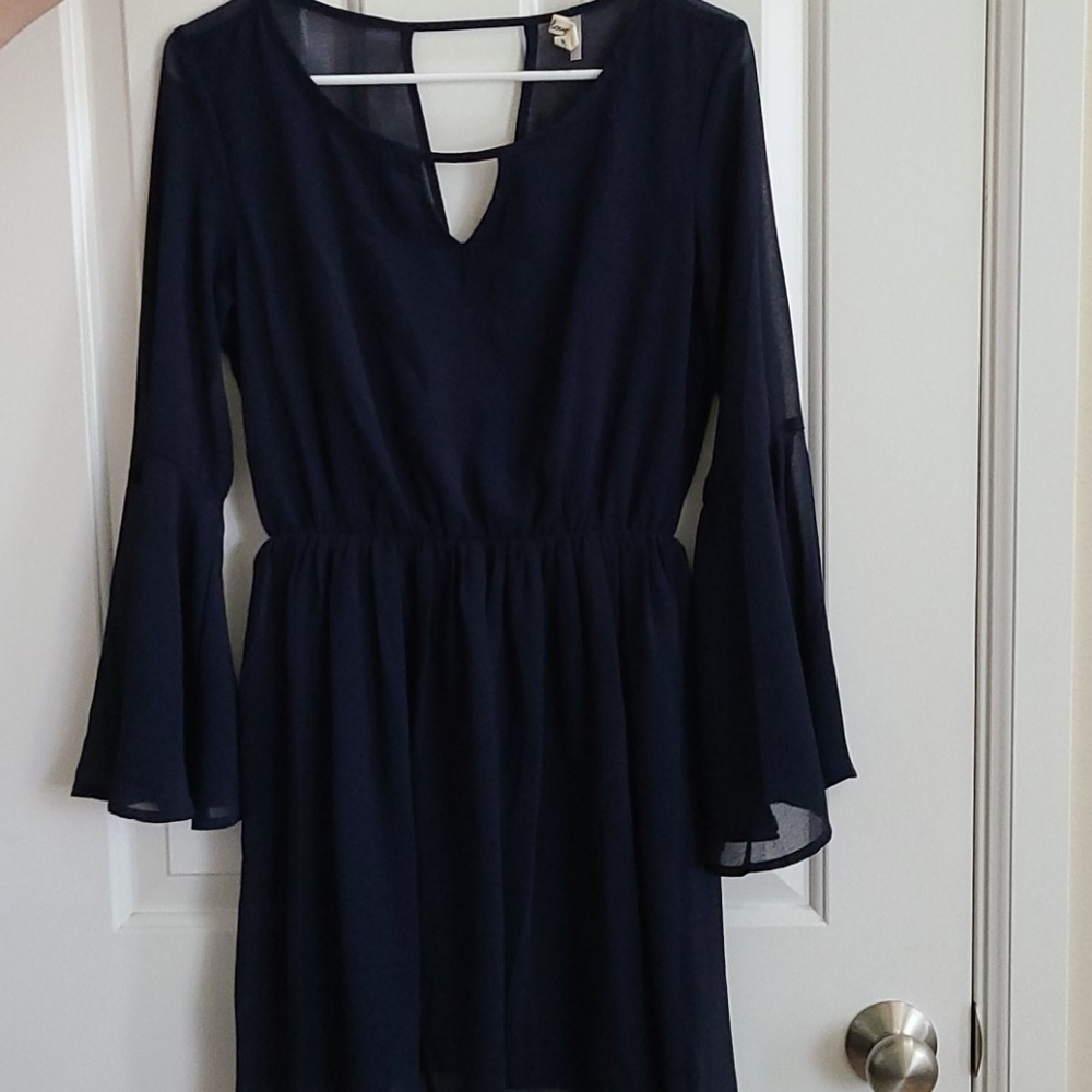Navy blue chiffon dress with flutter sleeves
